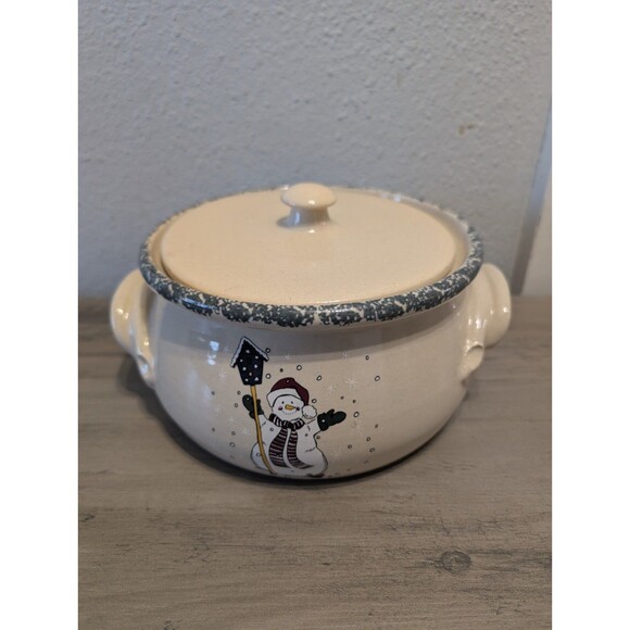 Home & Garden Other - Home & Garden Party Snowman Stoneware Bean Pot w/ Lid 2001 Hand Made USA 8”
